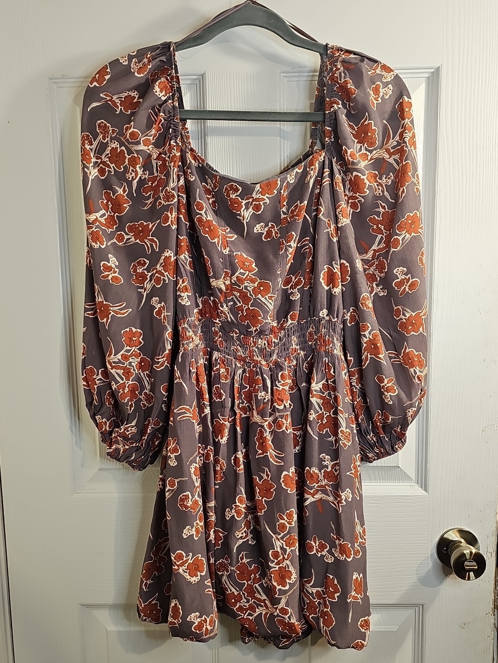Promesa Floral Smocked Mini Dress in Rust and Gray